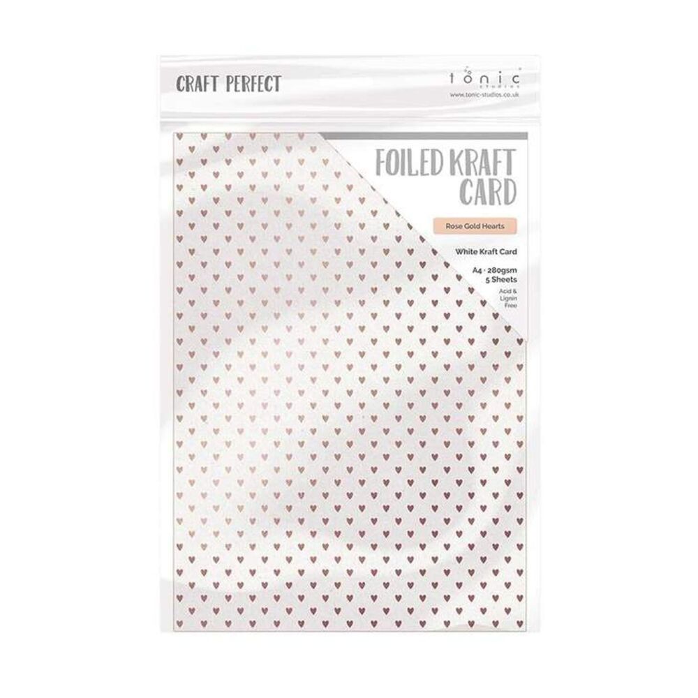 Tonic Studios Craft Perfect, Foiled Card, A4, 5x 280g, Rose Gold Hearts