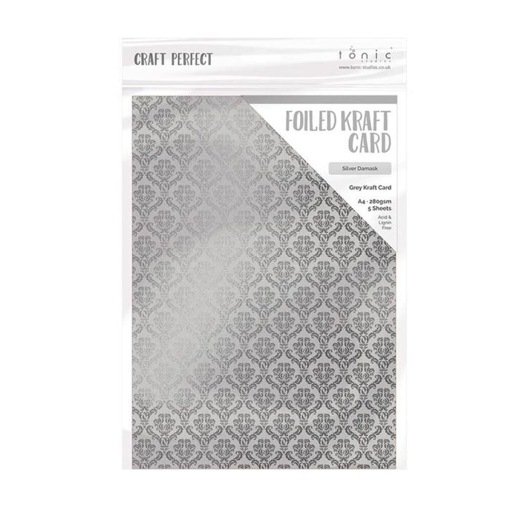 Tonic Studios Craft Perfect, Foiled Card, A4, 5x 280g, Silver Damask